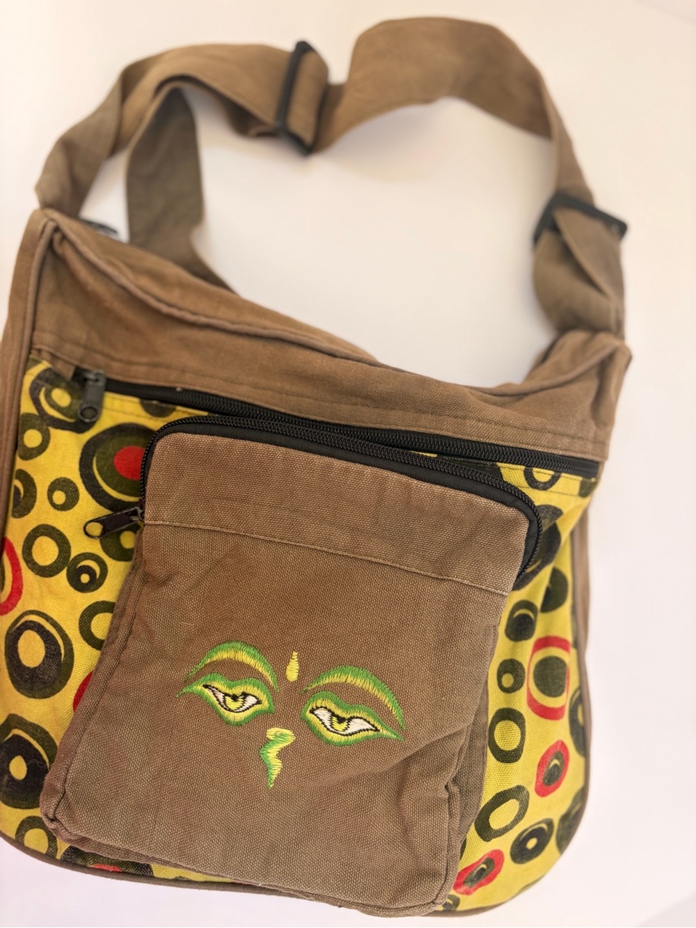 Khaki Canvas Backpack with Yellow & Black Circle Print